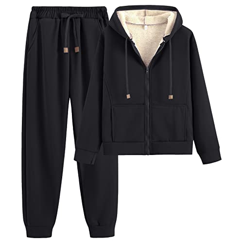 amropi Chándal de Mujer Chaqueta de Lana con Capucha y Pantalones Conjunto de Invierno XL,Negro Cover