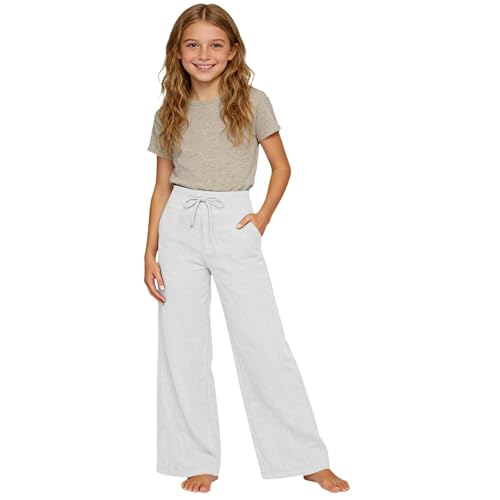 Girls Cotton Linen Pants Summer Wide Leg Drawstring High Waist Beach Pants Kids Casual Baggy Elastic Straight Lightweight Palazzo Teen Flowy Vacation Trousers,White, Size 12-13 Years