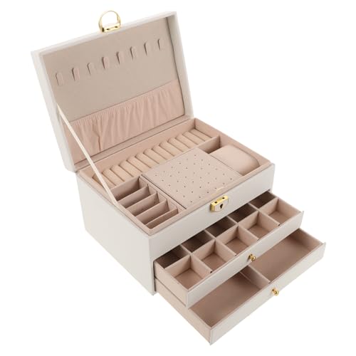 Boîte à bijoux blanche à 3 couches YARNOW avec serrure et compartiments