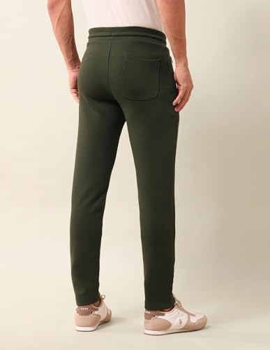 Image of U.S. Polo Assn. Men's Green Solid Mid Rise Cotton Drawstring Slim Fit Flat Front Slit Pocket Track Pants