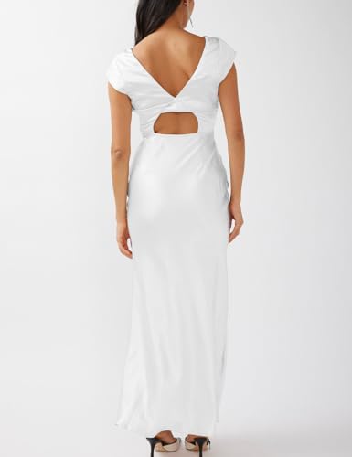 Image of Halfisland Womens Summer Satin V Neck Cap Sleeve Midi Dress Wedding Guest | 2026 Summer,Backless,Hollow Out,Long,Formal,Cocktail,Twist,Bridesmaid,Party,Baby Shower,Short Sleeve,Beach,Elegant,Evening