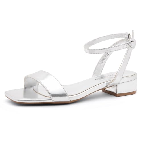 Image of Shoe Land Low Heels for Women 1 Inch Chunky Block Heeled Sandals Square Open Toe Strappy Ankle Strap Dressy Sandals for Wedding Prom Party Office