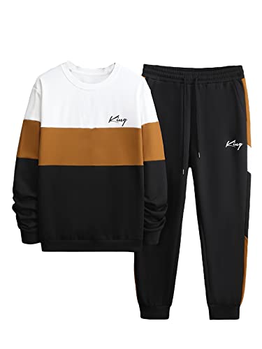 WDIRARA Men's 2 Piece Outfit Colorblock Letter Print Sweatshirt and Drawstring Sweatpants Set