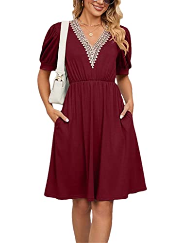 Robe d'été courte bordeaux chic col en V et dentelle pour femme en taille M