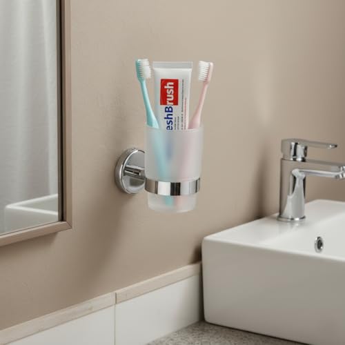 Image of Premium SUS 304 Stainless Steel Toothbrush Holder with Frosted Glass Tumbler - Wall Mounted Bathroom Toothpaste & Shaving Kit Organizer, Rustproof Chrome Finish (Round-29)