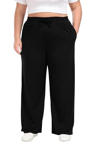 A-Wintage Plus Size Wide Leg Pants for Women Soft Casual Pants Loose Fit Drawstring Pajama Pants with Pockets Black