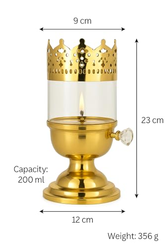 Image of Pure Source India Brass Akhand Diya 9 Inch with Glass Chimney | Long-Lasting Oil Lamp for Pooja, Mandir & Diwali Decoration | Smokeless Flame, Windproof Deepak with Crystal Knob