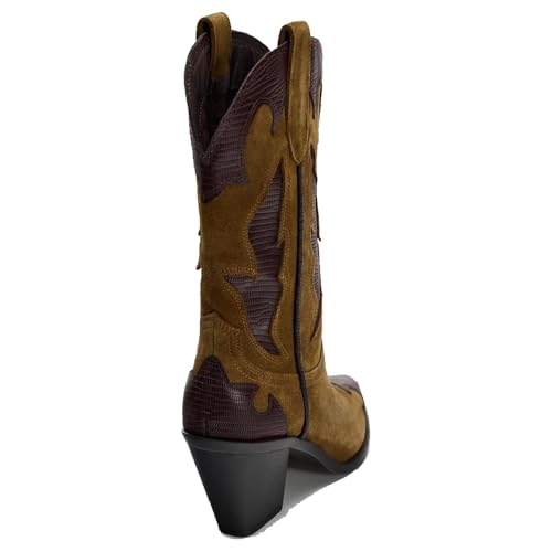 YIYA Brown Suede Cowboy Mid Calf Boots for Women Wide Calf Western Embroidered Cowgirl Boots Pointed Toe Chunky Block Heels Pull On Shoes4