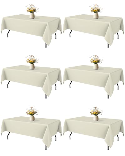 Image of Niuara Ivory Polyester Table Cloth, 6 Pack, 60 x 84 in | Rectangle, 5 ft Tables, Washable, Wrinkle Resistant, Weddings Parties