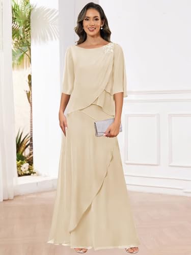 Mother of The Bride Dresses for Wedding Chiffon A Line Long Evening Dresses with Sleeves3