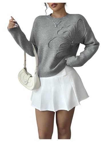 Image of RoseSeek Women's 3D Floral Appliques Crewneck Sweaters Long Sleeve Drop Shoulder Pullovers Elegant Knit Tops