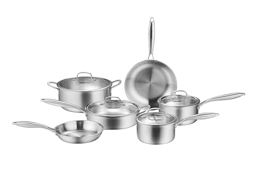 Image of 10-Piece Tri-Ply Stainless Steel Cookware Set - Induction-Ready, Glass Lids,Pots and Pans Kitchen Set, Riveted Handles, Dishwasher Safe, Compatible with All Cooktops