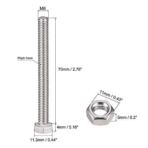 Image of uxcell M6 x 70mm Hex Head Screws Bolts, Nuts, Flat & Lock Washers Kits, 304 Stainless Steel Fully Thread Hexagon Bolts 10 Sets