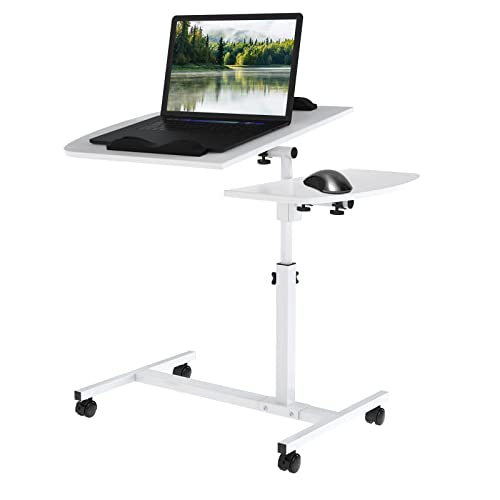 Lvhecforhm Table de Lit a Roulette, Hauteur Ajustable Laptop Support de Souris Séparé, Bureau Debout Mobile 60*40CM, Bureau Pliable, 360° Bureau D'ordinateur Levage Rotatif, Table Roulante Bois(Blanc) Cover