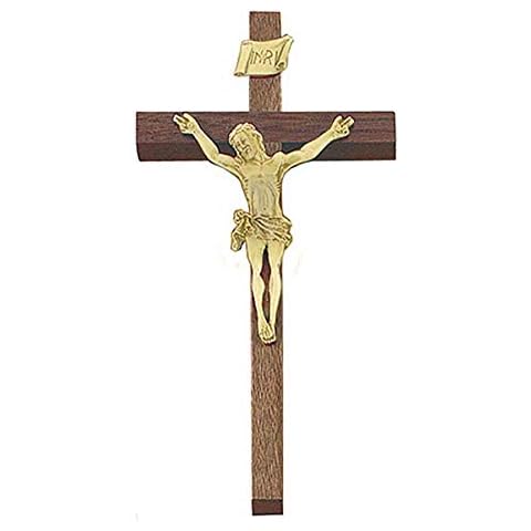 Walnut Wood Cross Crucifix with Gold Toned Pewter INRI and Christ Corpus, 8 Inch Cover