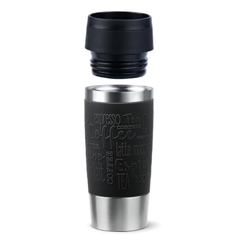 Emsa N20202 Travel Mug Classic Insulated Mug 0.36 Litres Comfort Screw Cap Stainless Steel 4 Hours Hot and 8 Hours Cold 100% Leak-Proof Dishwasher Safe 360° Drinking Opening Black Cover