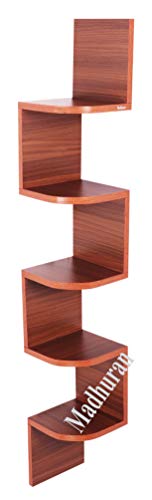 Image of Madhuran Zigzag Engineered Wood Wall Mounted Corner Shelf Unit Tiers 5 (Matte,Teak Finish) Ladder Organiser Pooja Soap Wooden Self Triangle Utility Storage Zig Zag Racks