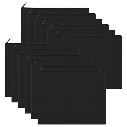 12 Pieces Black Cotton Canvas Makeup Bag, Multipurpose Cosmetic Bag with Zipper Travel Toiletry Pouch, Blank DIY Craft Bag (Black, L)