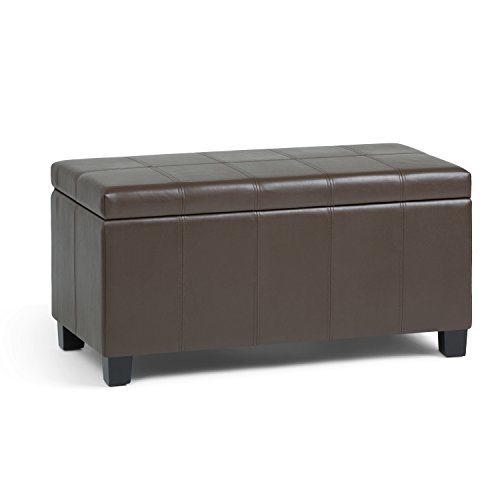 SIMPLIHOME Dover Storage Ottoman Bench - 36 inch Wide Upholstered Vegan Leather Rectangular Lift-Top Ottoman in Chocolate Brown, Contemporary Bench for Living Room with Safety Hinges