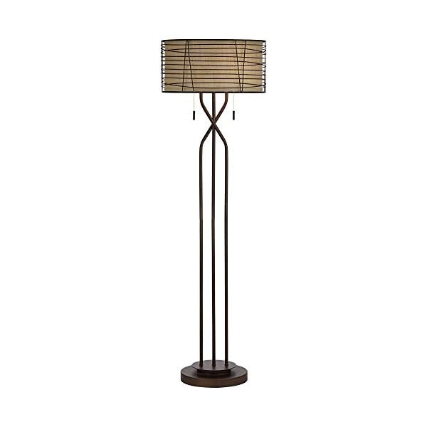 Franklin iron works marlowe industrial rustic farmhouse floor lamp standing 60 12 tall bronze woven iron metal burlap fabric double drum shade for living room reading bedroom office house home  urban country home decor