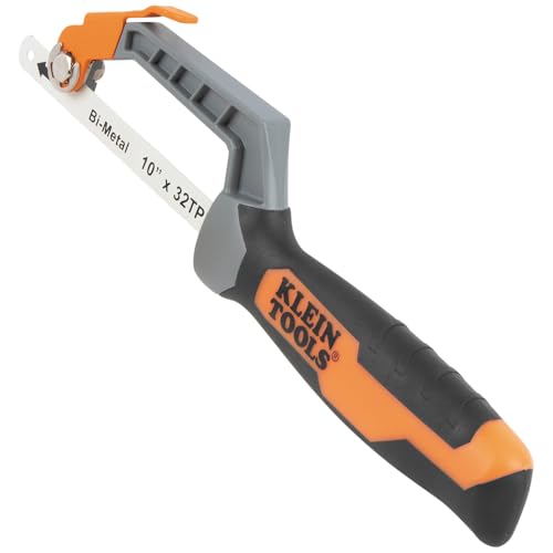 Klein Tools 31432FC Mini Finish-Cut Hacksaw, 10-Inch 32 TPI Bi-Metal Blade Hand Saw, Cuts Plastic, Wood, and Thin-Wall Metal in Tight Spaces