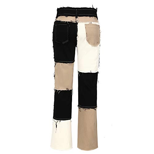 THUNDER STAR Womens Patchwork Straight Leg Jeans Mid Rise Stretch Frayed Denim Pants2