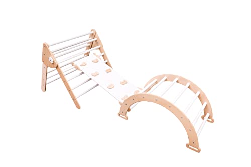 Woodandhearts Lot de 3 rampes triangulaires pour Enfants avec rochers - Montessori Climber Ladder Slide - Learning Waldorf (Bois Naturel + Blanc - Grande Taille) Cover