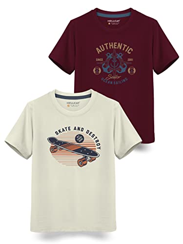 Image of HELLCAT Boys Round Neck Printed Blended Cotton Tshirt -Combo Pack of 2 - Orange /Blue