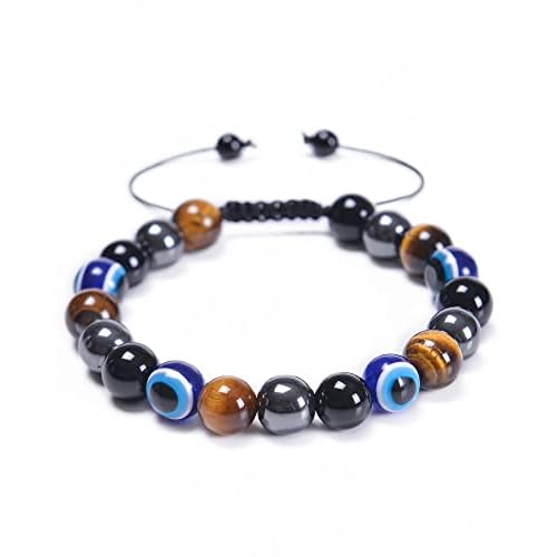 Triple Protection Bracelet for Men Women -Handmade Bracelets Natural Black Obsidian Tigers Eye Hematite Bring Prosperity Luck and Health,3 Layer Braided Rope Meaningful Bracelet 3XqTiger Eye