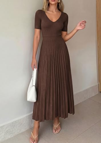 Image of PRETTYGARDEN Women's 2026 Spring Midi Sweater Dresses Elegant Pleated Ribbed Knit Short Sleeve V Neck A Line Summer Outfits