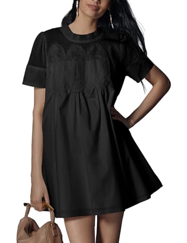 Image of Shiyifa Womens Babydoll Lace Patchwork Dresses Summer Short Sleeve Ruffle Sundress Loose Crew Neck A-Line Dresses