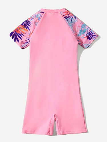 Makemechic Girl's Short Sleeve One Piece Swimsuit Tropical Zipper Front Bathing Suit Pink 140 #TOP1