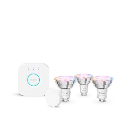 Miniatura 2 de Hue Essential Kit Inicio: Hue Bridge + 3 bombillas led inteligentes GU10 + Smart button, Luz Blanca y Colores, regulable 2200-6500 K, comp. Alexa, Google Assistant, Samsung SmartThings y Apple Home