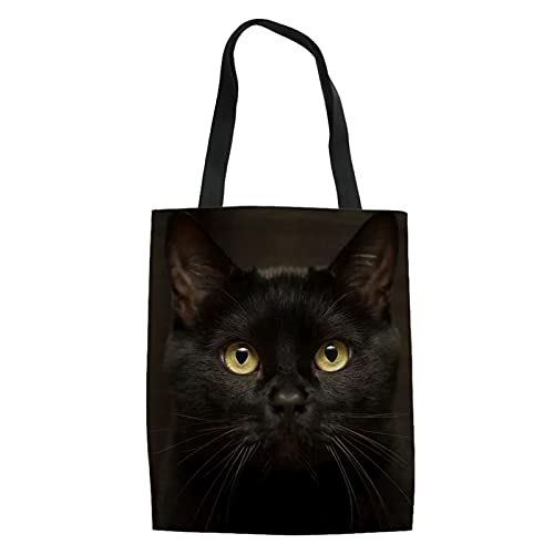 Howilath Einkaufstasche mit Welpen-Motiv, bedruckter Tragegriff oben, Leinen, Baumwolle, wiederverwendbar, für Einkaufen, für Reisen, schwarze katze, One Size Cover