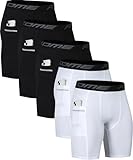 Roxdme 5 Pack Compression Shorts Men Spandex Sport Shorts Athletic Workout Running Tights Performance Underwear (Pocket_5pack) 2White/3Black-L