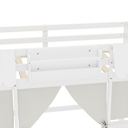 Image of Bekeknlny Twin Loft Bed with Built-in Bookshelf, Curtain, Storage Shelf and Amusement Park-Inspired Playful Design Safety Guardrails, Fairy Tale Cottage Kids Bed (White6, Twin)