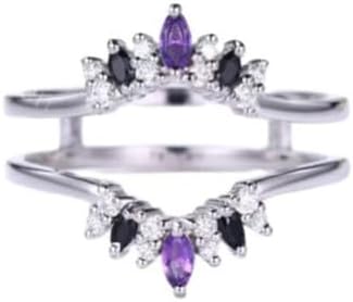 Jewels by Parijaat 1.60 CTTW Marquise Cut Created Violet Amethyst and White, Black Diamond Prong Set Wedding Engagement Enhancer Guard Ring In 14K White Gold Plated 925 Sterling Silver