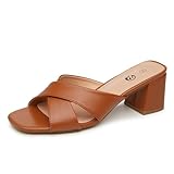 Rekayla Brown Heels Women's Square Open Toe Sandals Low Block Chunky Heels Cross Strap Slip on 2.5 Inch Heeled Sandals Comfortable Casual Summer Mules Shoes, Size 9