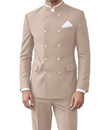 Wrycay Mens Chinese Tunic Suits 2 Piece Slim Fit Suit Traditional Mandarin Collar Men Tuxedo for Casual Wedding Outfit,Beige,M