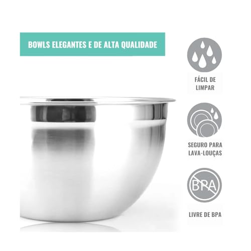 Kit Com 4 Tigelas Bowls de 14, 18, 22 e 26 cm de Diâmetro. Feitas de Aço Inox, Com Brilho Interno e
