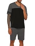 Avidlove Schlafanzug Herren Kurz Zweiteilige Pyjama Set V-Ausschnitt Nachtwäsche Sommer Sleepwear für Männer Schwarz L
