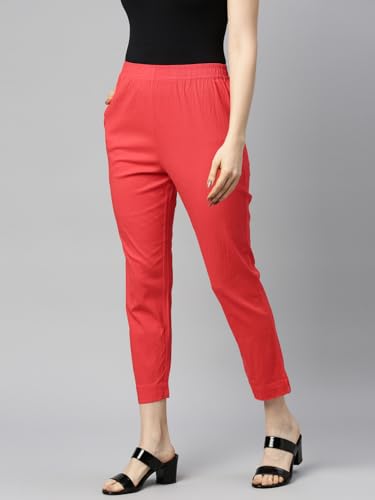 Image of MINELLI Women Solid Cigar Pants, Cotton Lycra Slub Fabric, Elasticated Waistband, Pull On Style, Regular Fit Bottom Wear for Western and Ethnic Wear