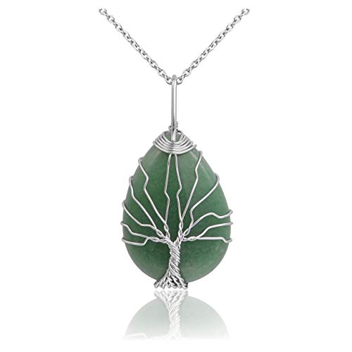 Jovivi Natural Green Aventurine Crystal Tree of Life Silver Copper Wire Wrapped Necklace Teardrop Healing Chakra Gemstone Pendant