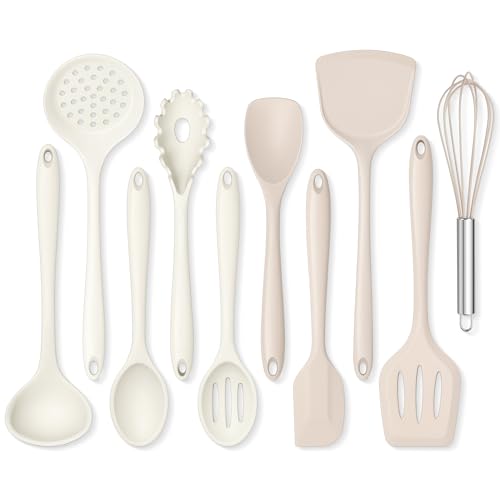 Onader Kitchen Cooking Utensils Set, 10 Pcs Silicone Non Toxic Cooking Utensils Set, Heat Resistant & Nonstick Cookware Friendly - 2 Mixed Color (Khaki & White) by Onader - Used condition - CA$19.85
