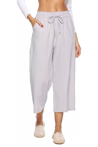 Image of LNX Womens Linen Capri Pants Wide Leg High Waisted Drawstring Casual Cropped Pants with Pockets