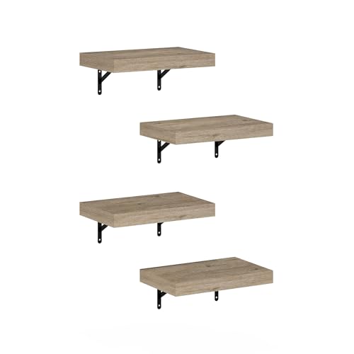 Image of Furinno Tanna Floating Shelves for Wall Set of 4, 15-Inch Wall Shelf, Wall Mounted Shelf, for Bathroom, Home Office, Living Room, Natural