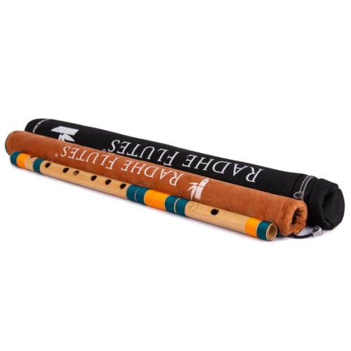 Image of Radhe Flutes Bamboo Bansuri C Sharp Right Handed Middle Octave (18 inch) With Hard Cover (Beige Flute With Dark Green & Orange Threads)
