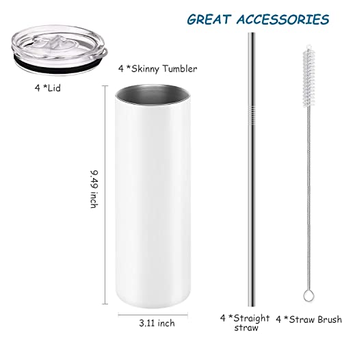 Wzaytia 30 Oz Straight Skinny Tumbler Set, 4 Pack Stainless Steel Slim Tumbler 30 Oz Skinny With Lid And Straw, Insulated Skinny Slim Water Tumbler For Diy, White(Not For Sublimation) #TOP6