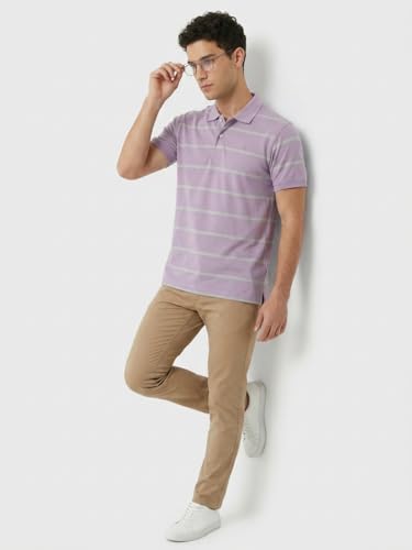 Image of Raymond Men Modern Fit Stripe Pattern Pure Cotton Polo Neck Half Sleeve Casual T-Shirt