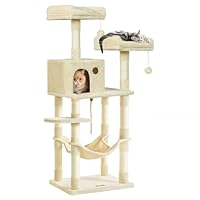 Feandrea Kratzbaum, 143 cm hoch, Katzenbaum mit 11 Kratzsäulen, 2 Plattformen, 1 Katzenhöhle, 1 Hängematte, 2 Plüschbällen, Plüsch, mehrstöckiges Design, beige PCT15BE